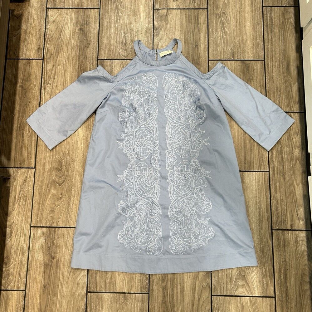 Ted Baker Jettas Dress Blue 4 US 10 Medium Embroidered Cold Shoulder Knee Length